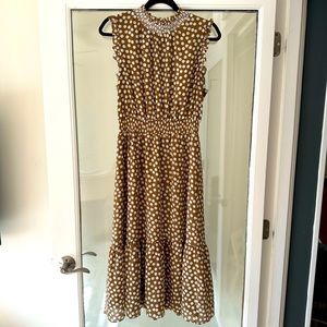 JCrew smocked waist midi polka dot brown and white dress!
